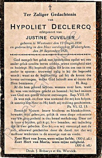 Hypoliet Declercq echtgenoot van Justine Cuvelier, overleden te Wulverghem, den 29 September 1920.